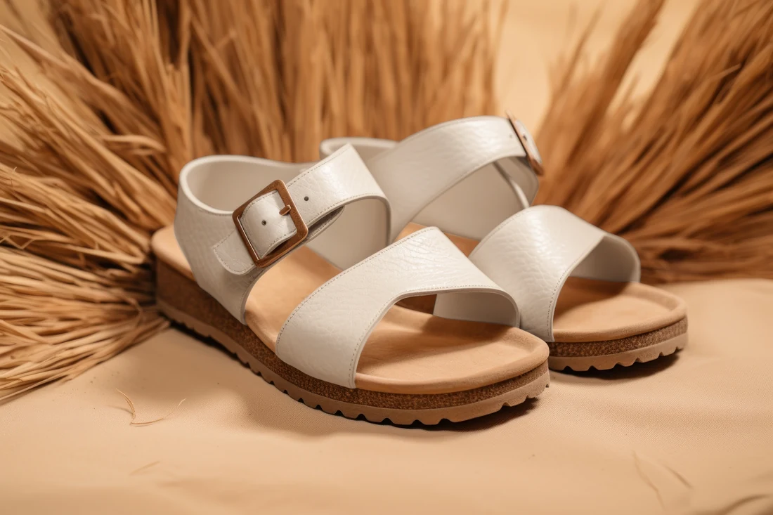Champagne Strap Sandal on natural straw